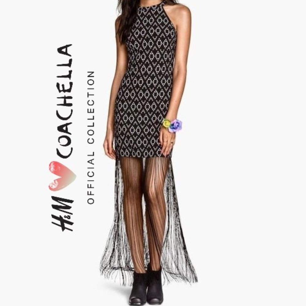 H&M Coachella Collection Black White Pattern FRINGE Dress! Size 2!